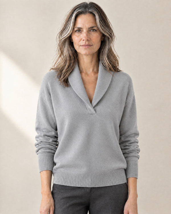 Shawl Collar V-Neck Jumper in Grey