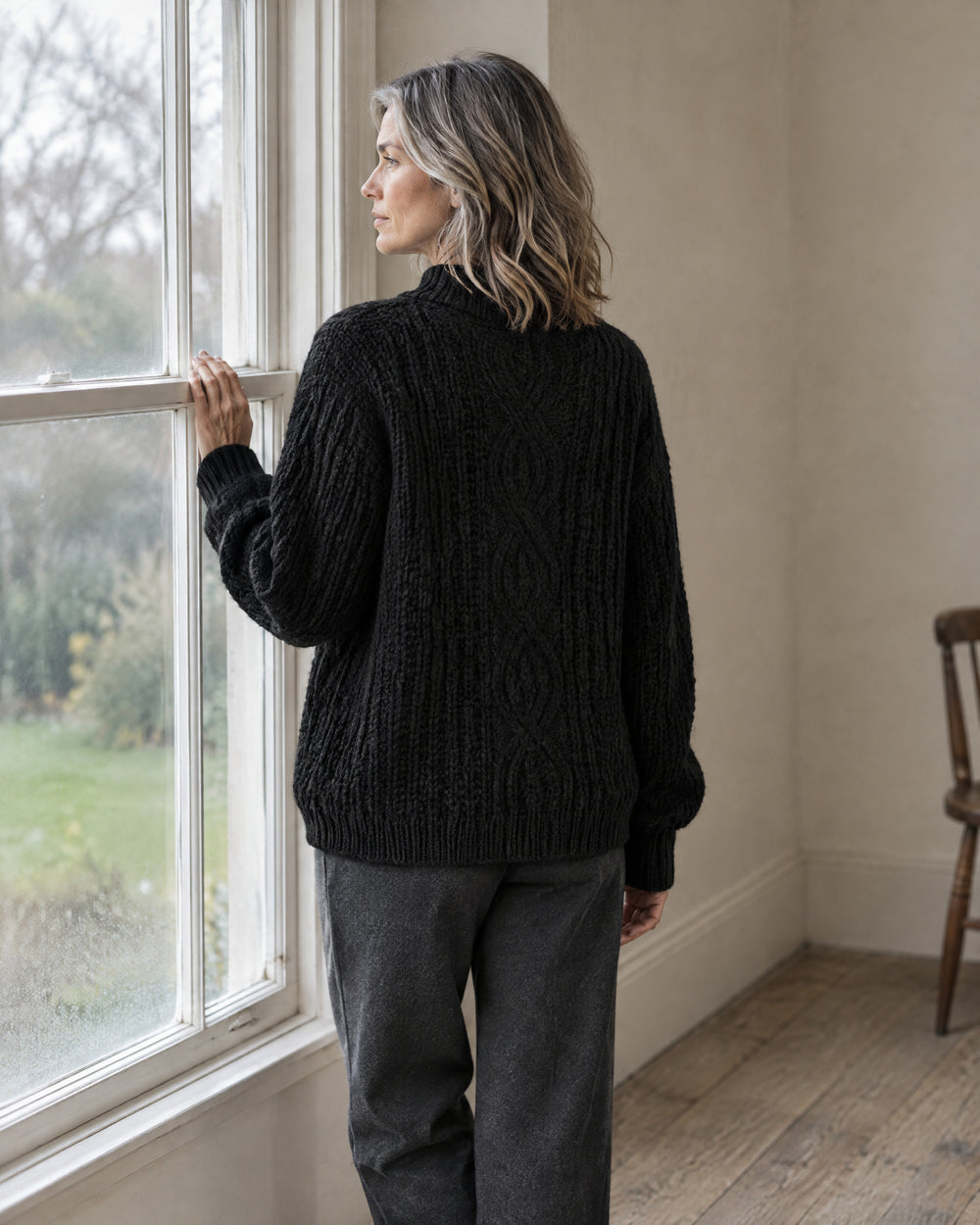 Chunky Cable Knit Mock Neck Jumper, worn at home