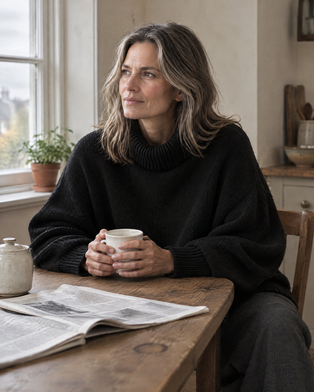 Batwing Roll Neck Jumper, worn at home