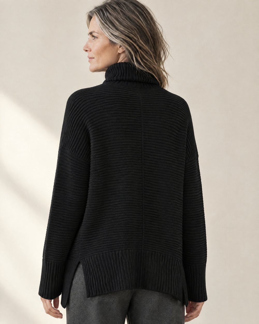 Ribbed Oversized Roll Neck Jumper, back view, worn