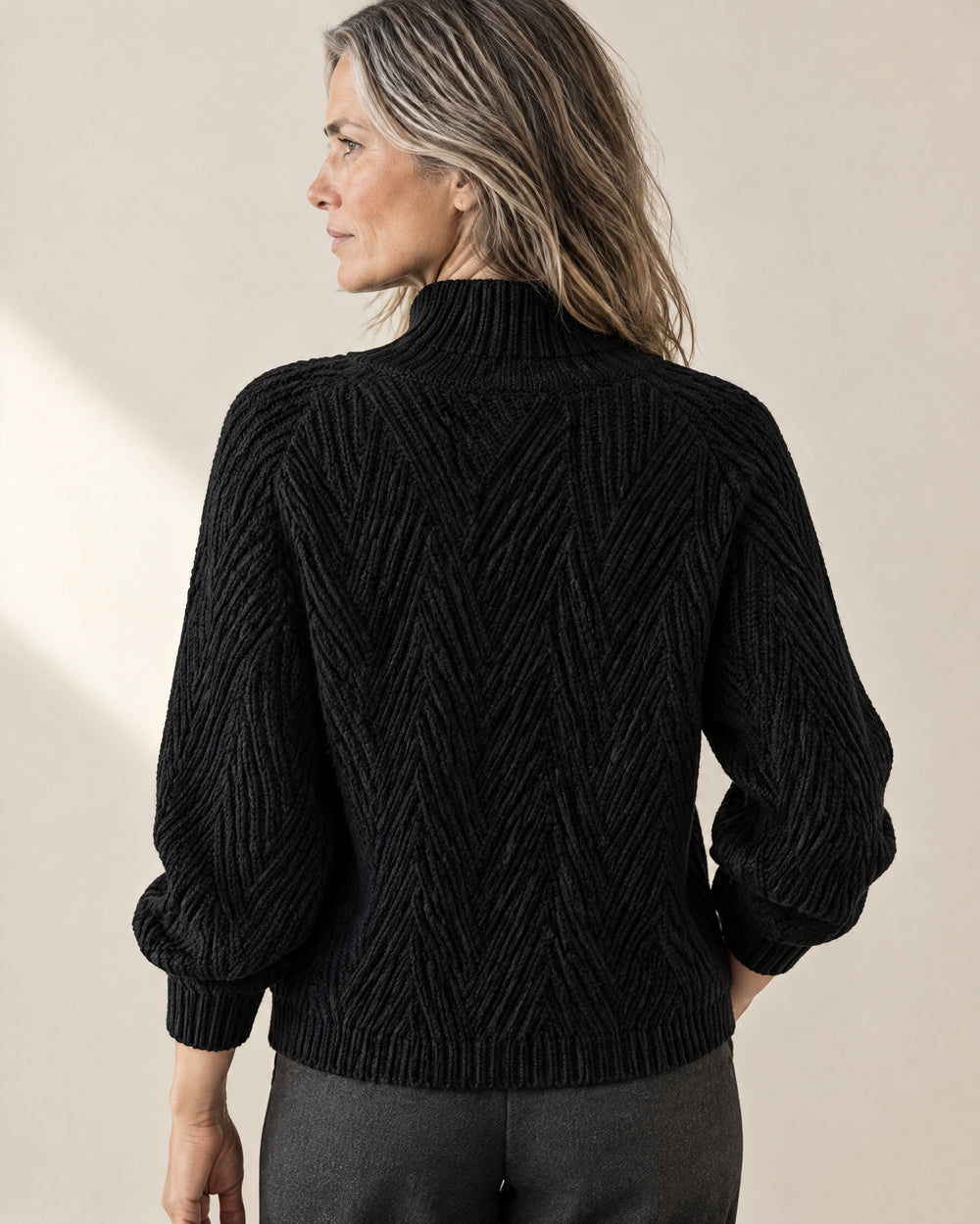 Chunky V-Stitch Mock Neck Jumper, back view, worn