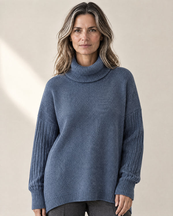 Oversized Longline Roll Neck Jumper in Ocean Blue