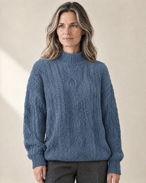 Chunky Cable Knit Mock Neck Jumper in Blue