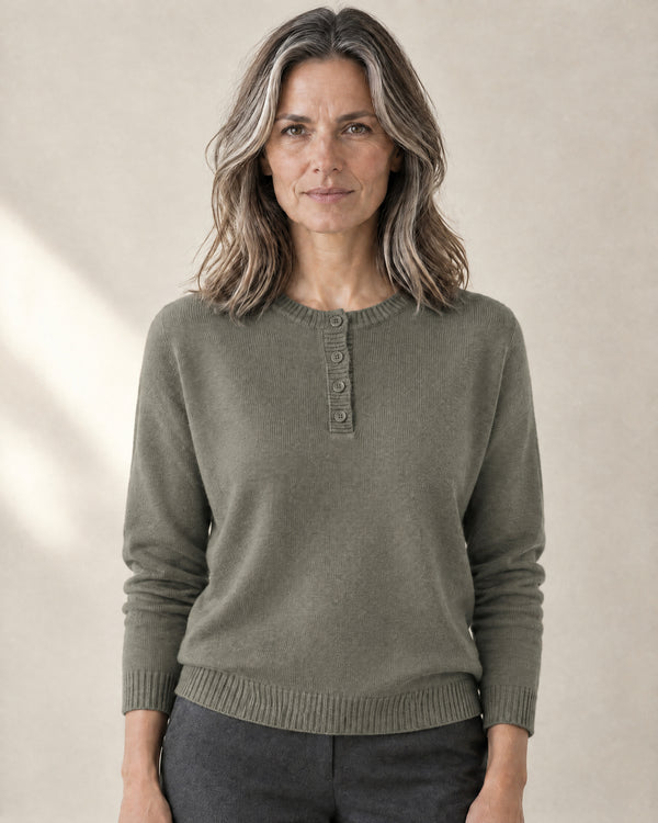 Henley Button Jumper in Khaki