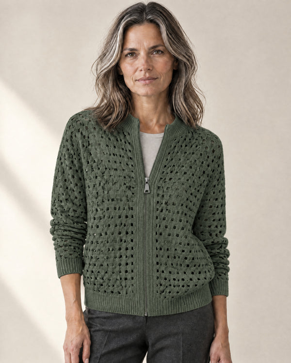 Openwork Zip-Through Cardigan in Green