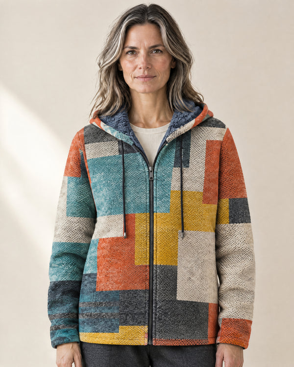 Geometric Print Hooded Cardigan in Cream & Multicolour Print