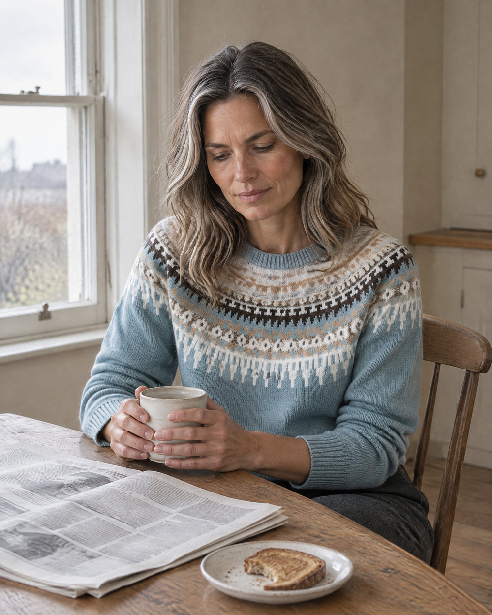 Nordic Yoke Crew Neck Jumper, worn at home