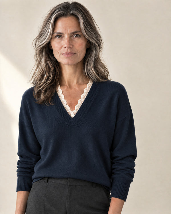 Lace-Trim V-Neck Jumper in Dark Blue