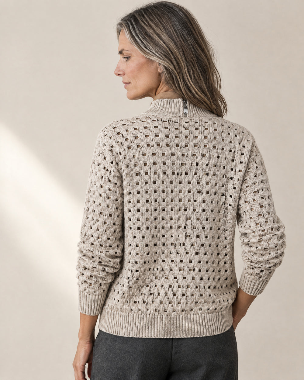 Openwork Zip-Through Cardigan, back view, worn
