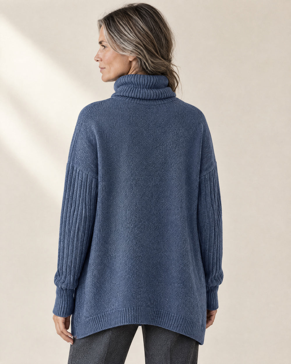 Oversized Longline Roll Neck Jumper, back view, worn