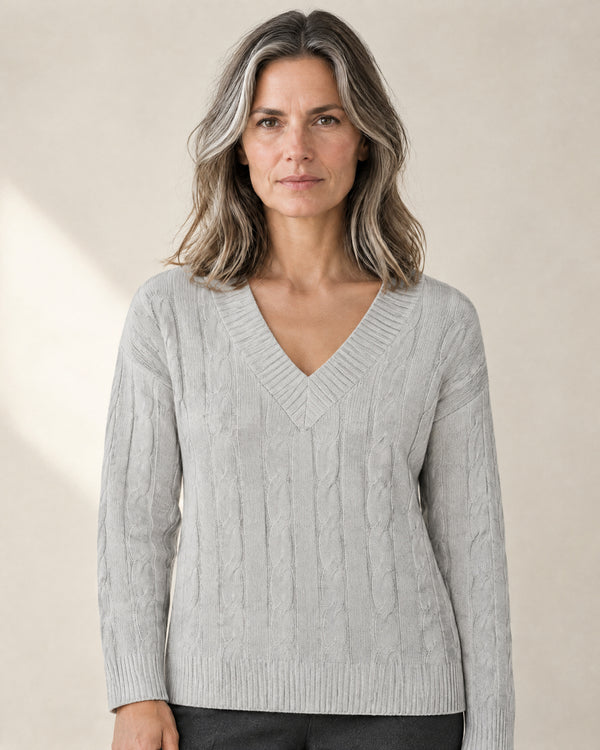 V-Neck Cable Knit Jumper in Light Grey