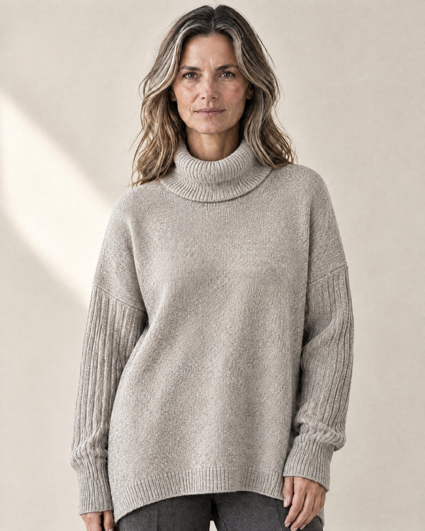 Oversized Longline Roll Neck Jumper in Stone Grey