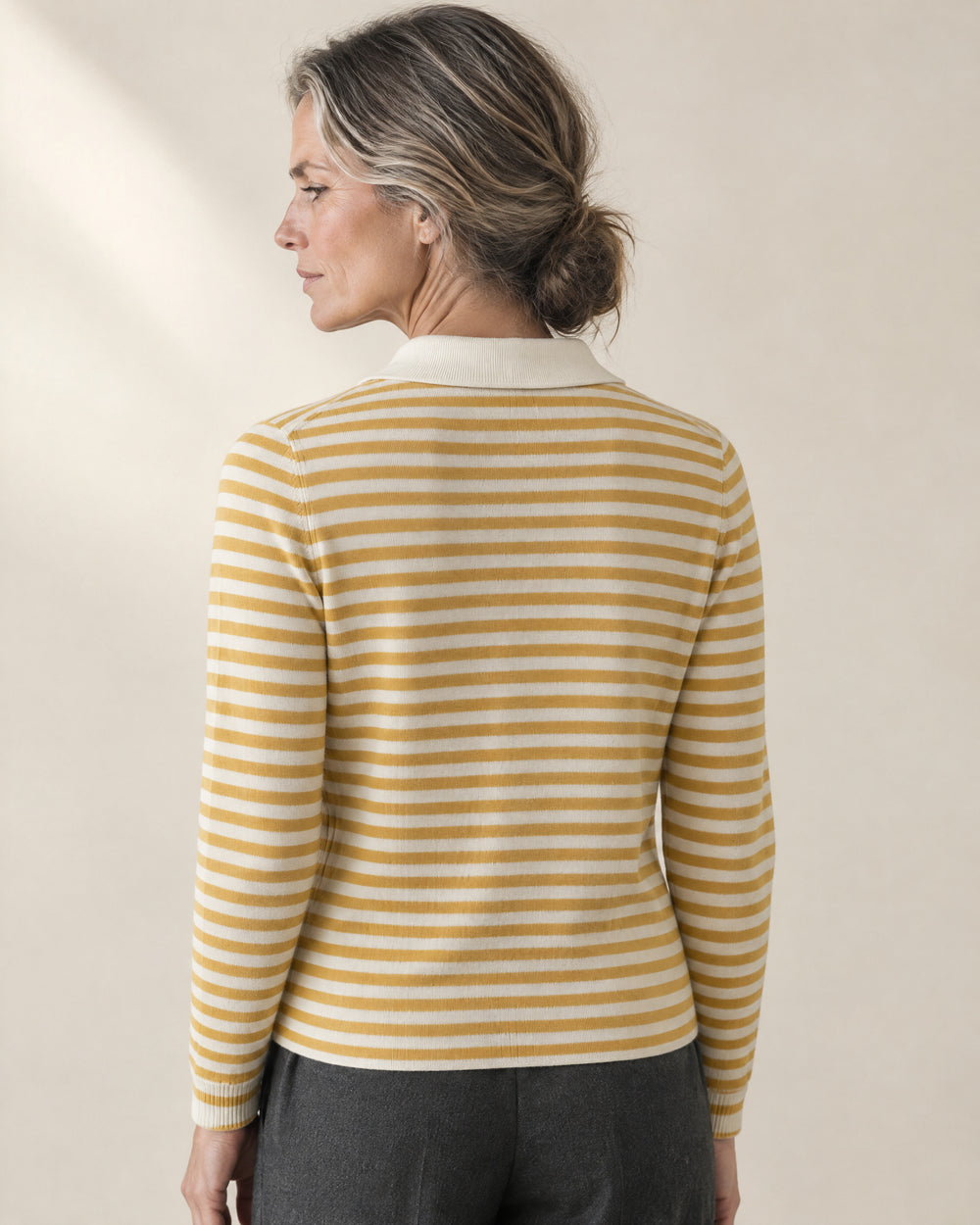 Striped Collared Cardigan, back view, worn