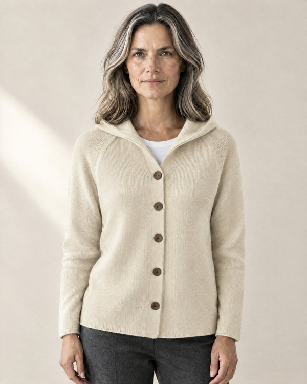 Fine Knit Hooded Cardigan in Beige