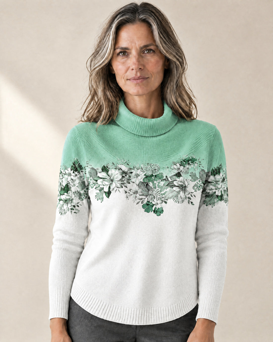 Floral Print Cotton Roll Neck Jumper