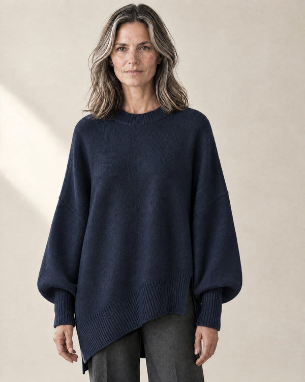 Oversized Longline Crew Jumper in Navy Blue