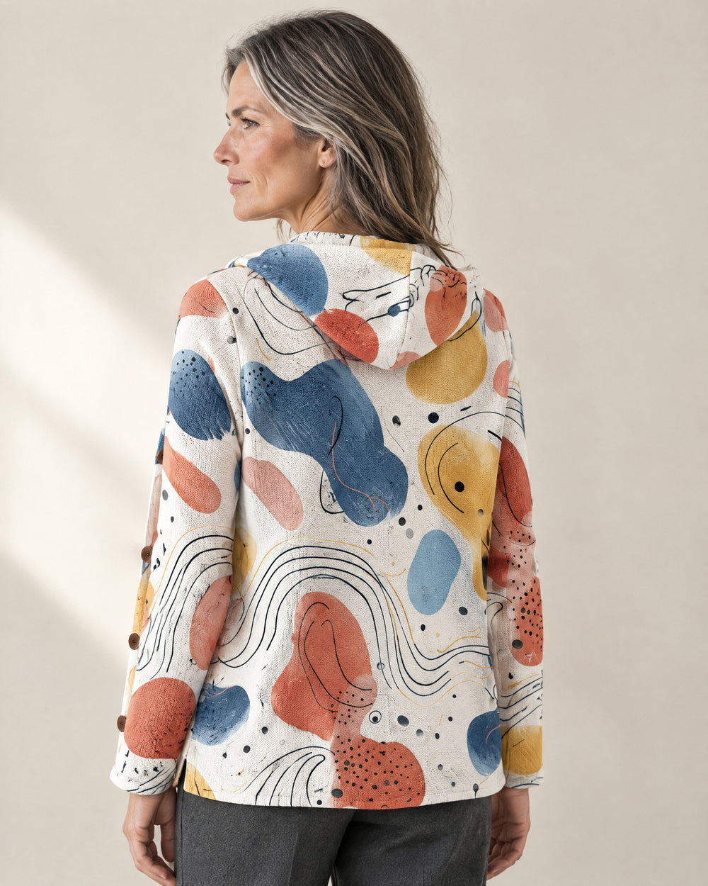 Patterned Hooded Cardigan, back view, worn
