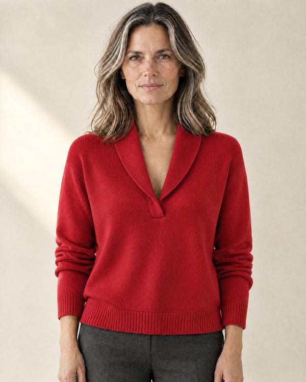 Ribbed Shawl Collar Jumper in Red