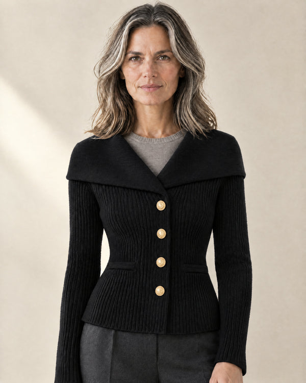 Wide-Collar Fitted Cardigan in Black
