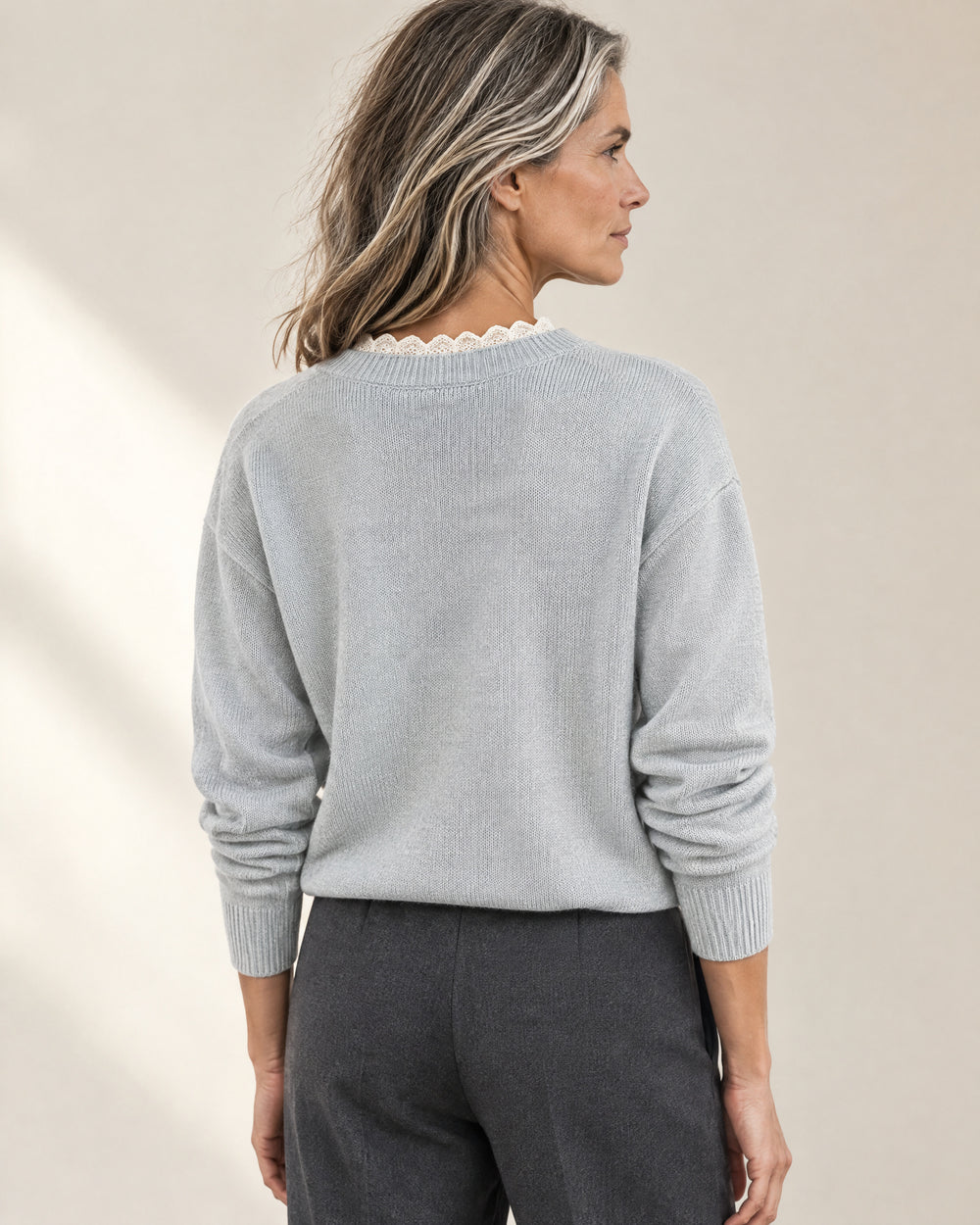Lace-Trim V-Neck Jumper, back view, worn
