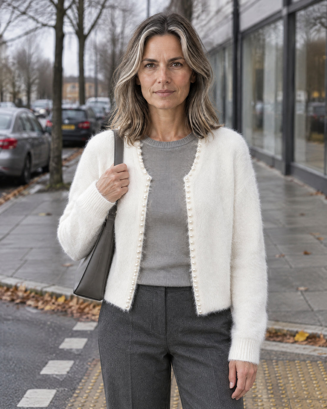 Pearl-Trim Open Front Cardigan
