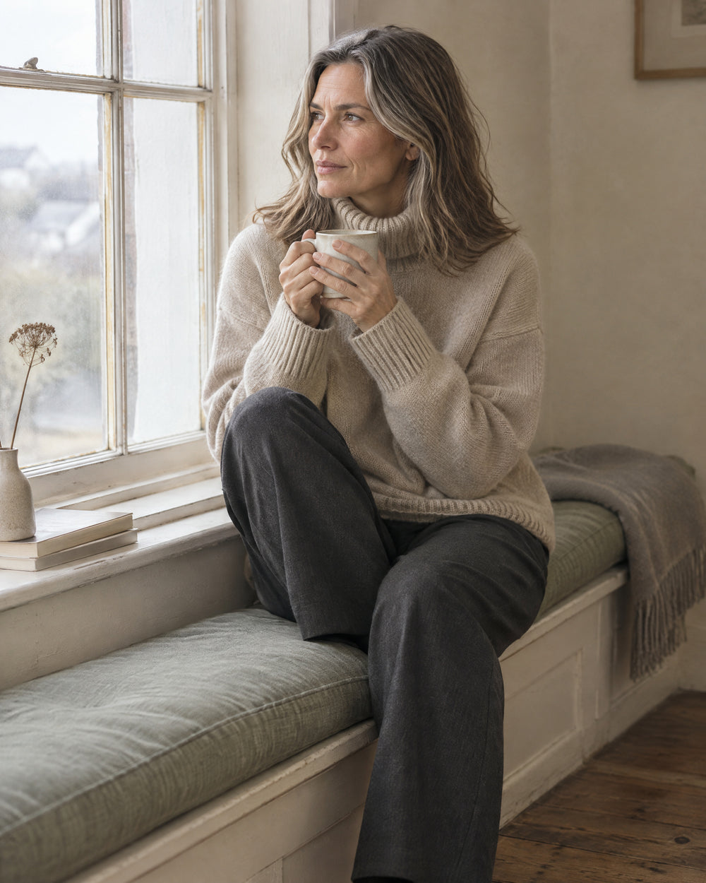 Drop Shoulder Roll Neck Jumper, worn at home