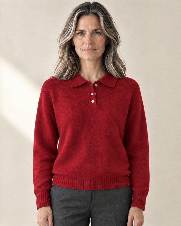 Soft-Knit Polo Collar Jumper in Red