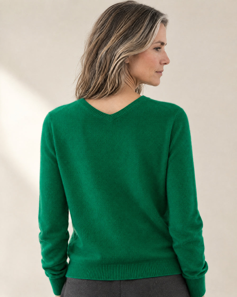 Fine-Knit V-Neck Jumper, back view, worn