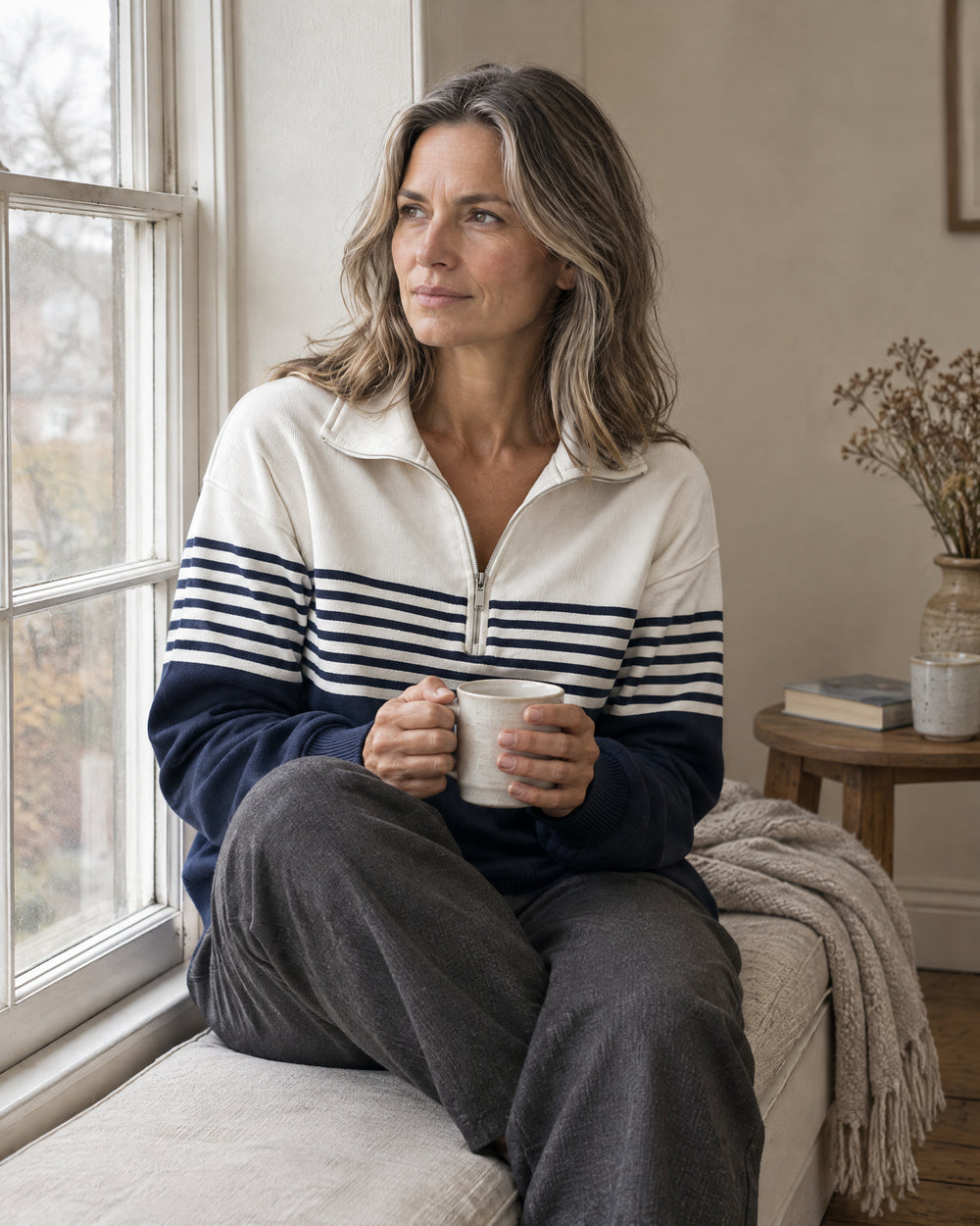 Striped Quarter-Zip Jumper, worn at home