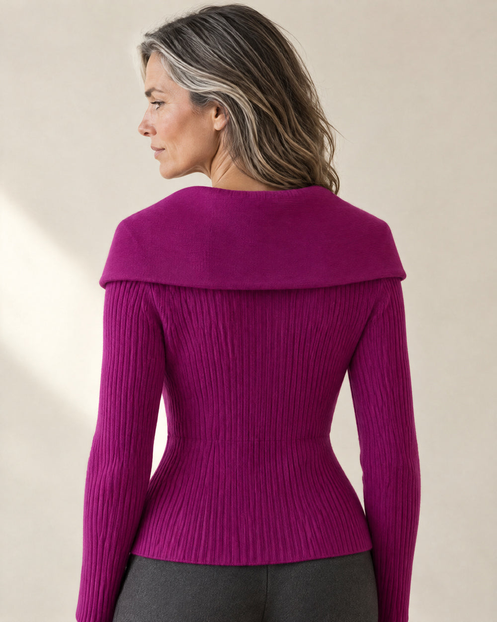 Wide-Collar Fitted Cardigan, back view, worn