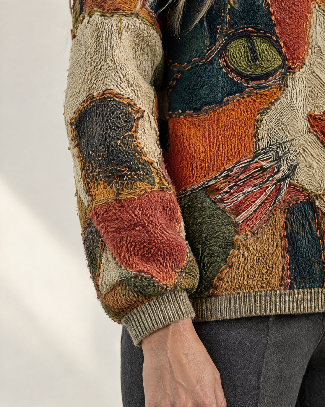 Textured Patchwork Cat Jumper