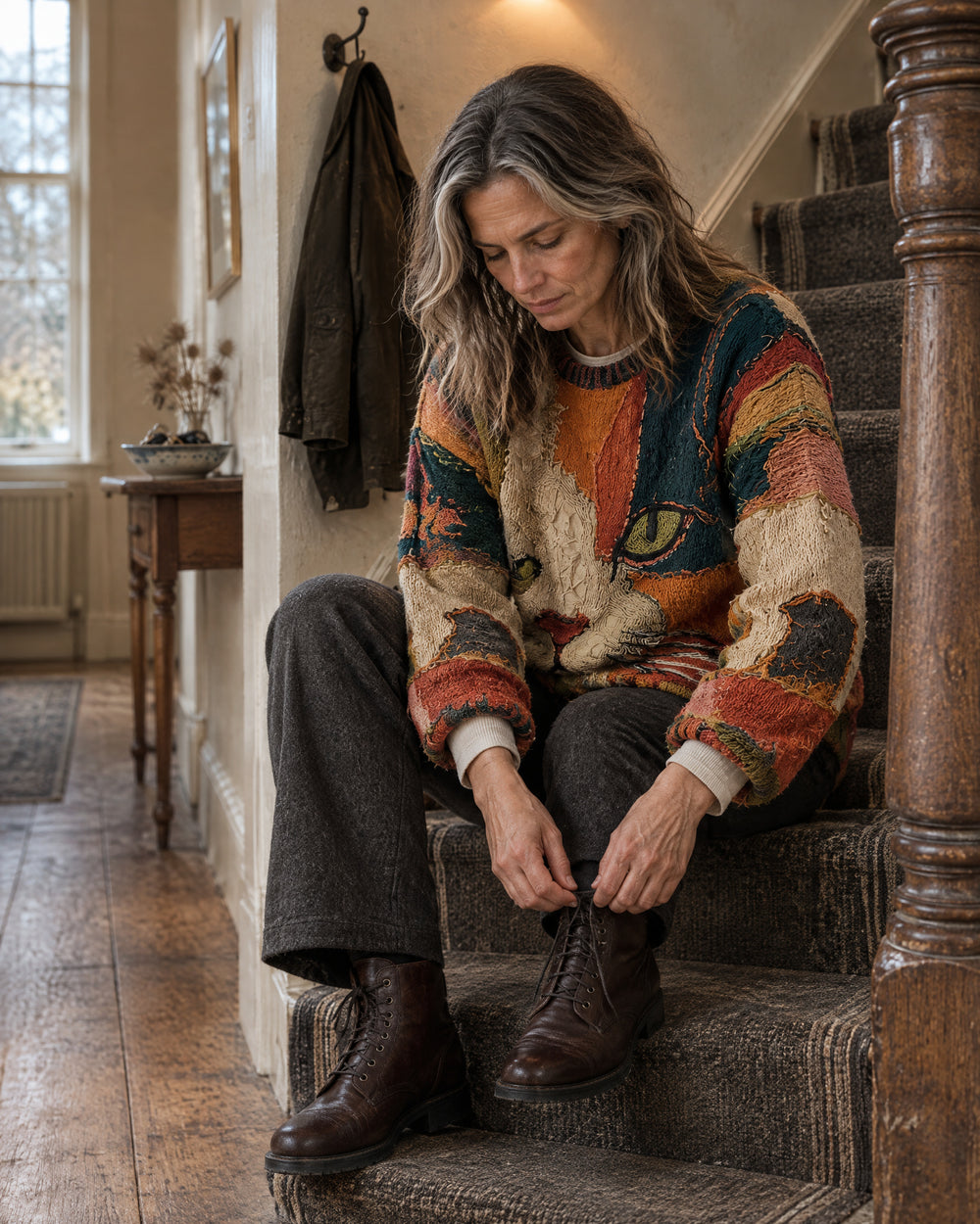 Textured Patchwork Cat Jumper, worn at home