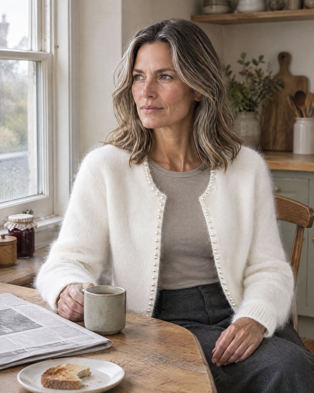 Pearl-Trim Open Front Cardigan