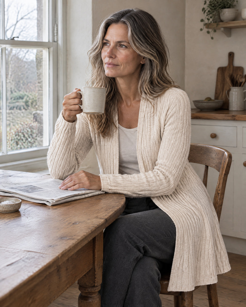 Ribbed Open-Front Longline Cardigan, worn at home