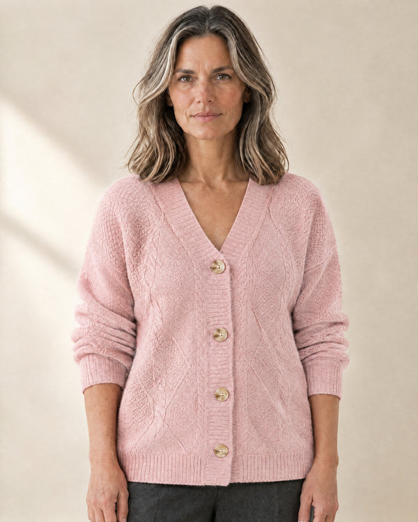 Cable Panel Wool-Blend Cardigan in Pink