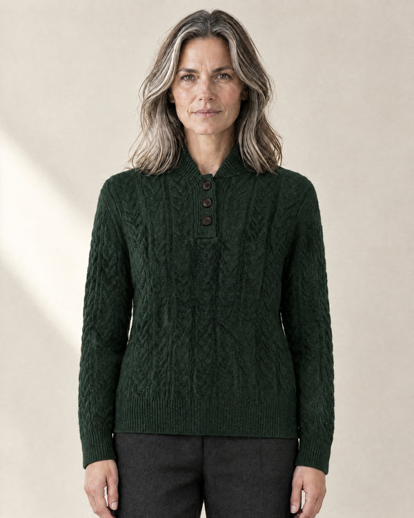 Cable Knit Stand Collar Jumper in Dark Green