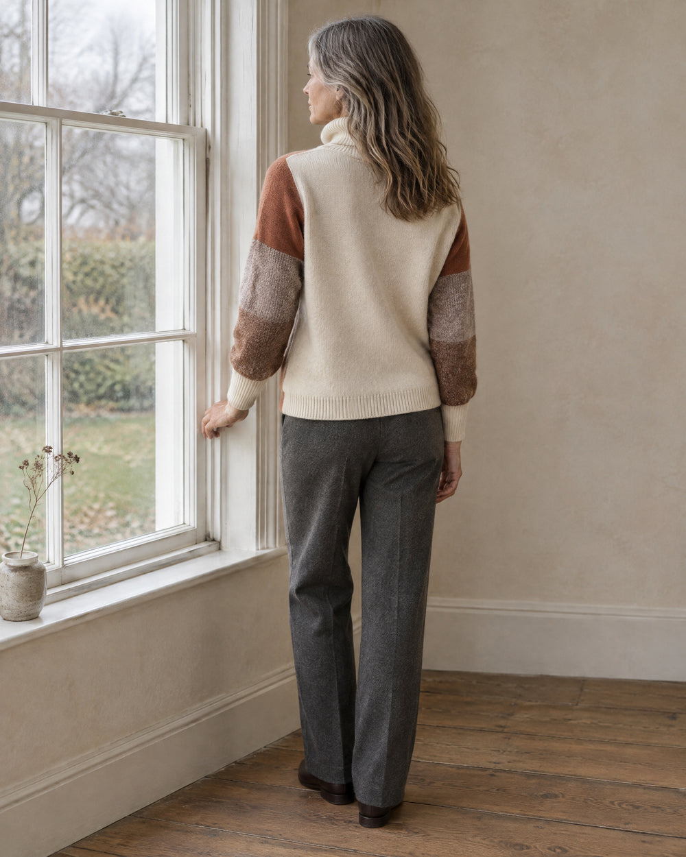 Colour-Block Sleeve Roll Neck Jumper, worn at home