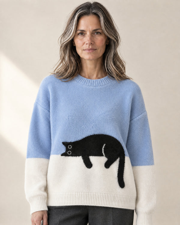 Oversized Cat Motif Jumper in Light Blue