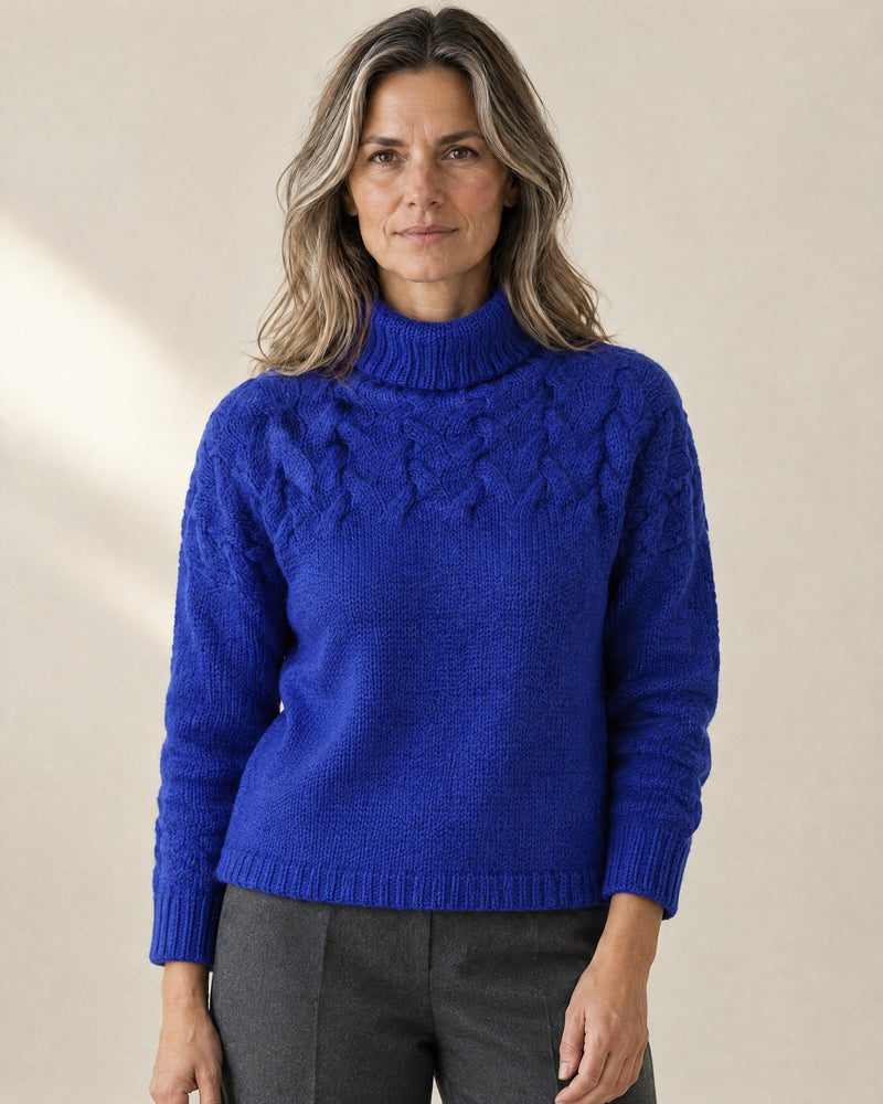 Cotton Cable Knit Roll Neck Jumper