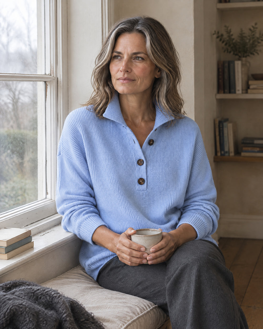 Ribbed Polo Collar Jumper, worn at home