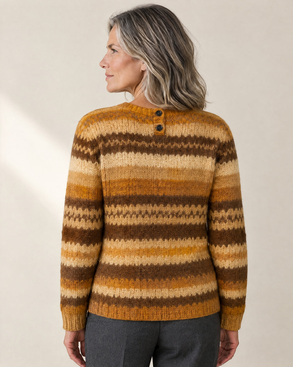 Tonal Stripe Crew Neck Cardigan, back view, worn