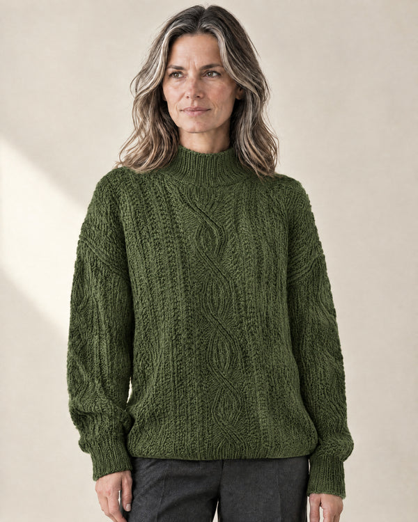 Chunky Cable Knit Mock Neck Jumper in Green