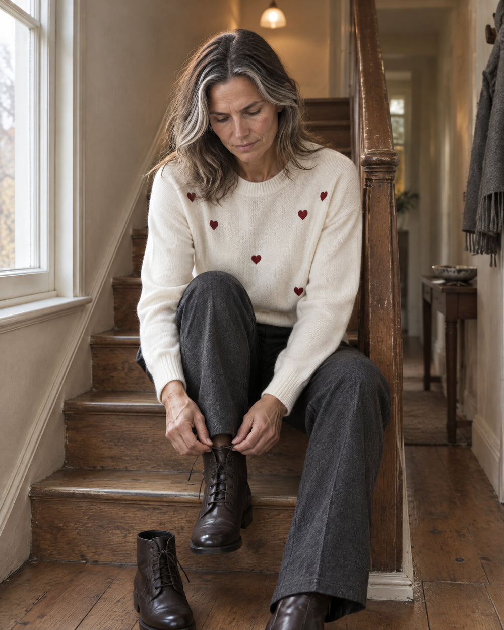 Heart Motif Crew Neck Jumper, worn at home
