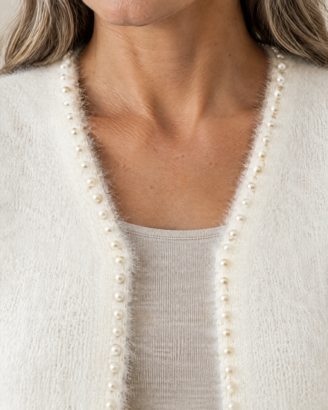 Pearl-Trim Open Front Cardigan