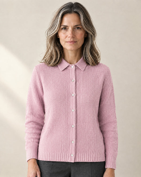 Textured Knit Button-Through Cardigan in Pink