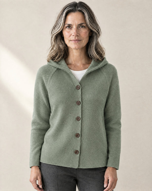 Fine Knit Hooded Cardigan in Green