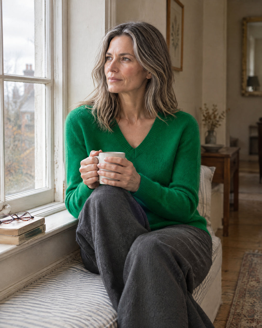 Fine-Knit V-Neck Jumper, worn at home