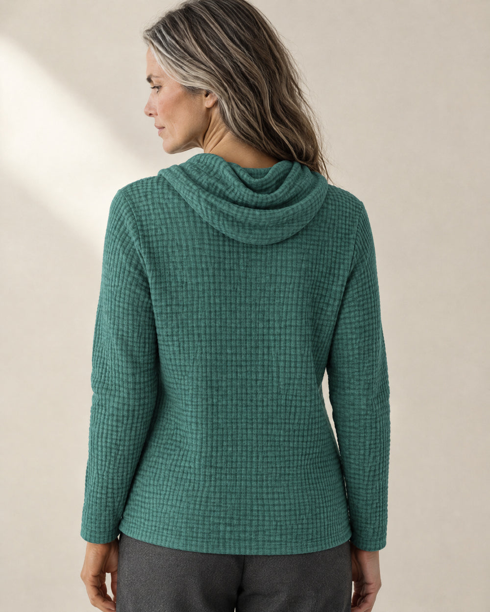 Waffle Knit Cowl Neck Jumper, back view, worn