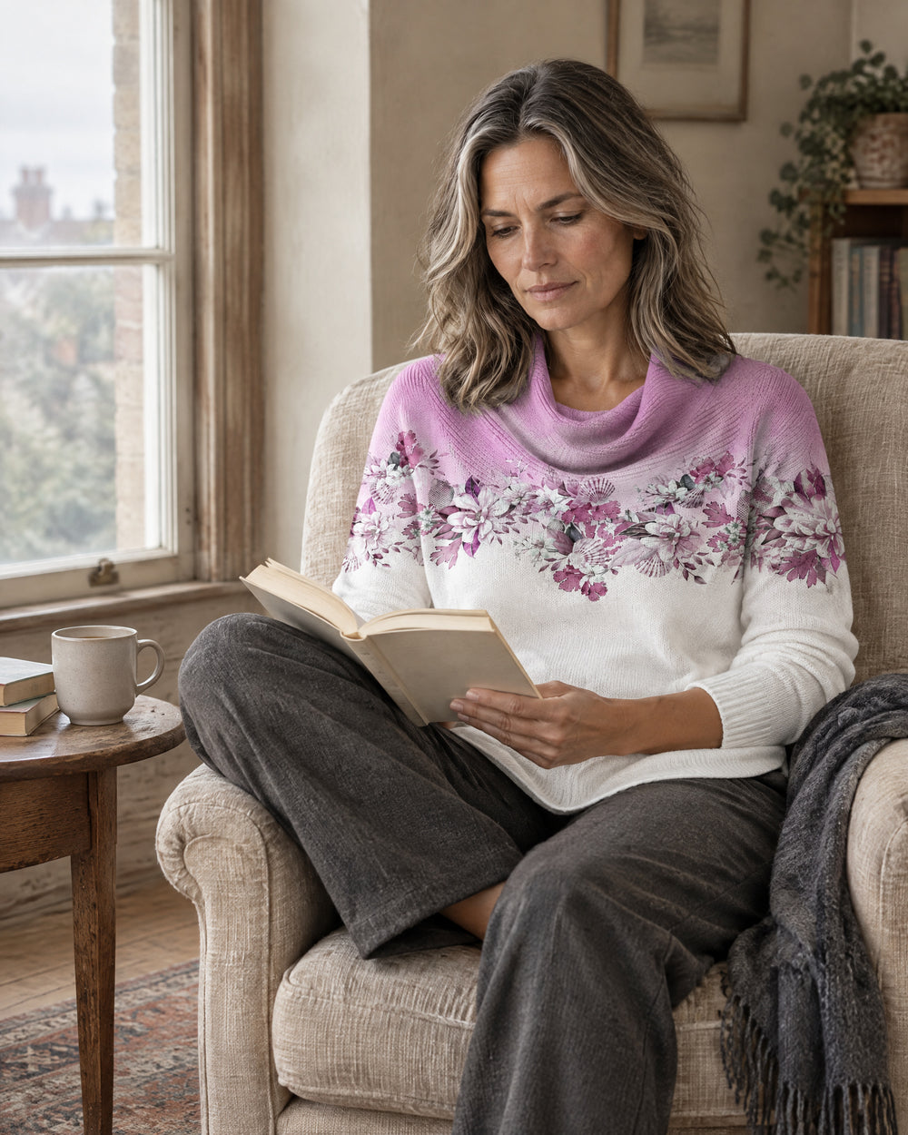 Floral Print Cotton Roll Neck Jumper, worn at home