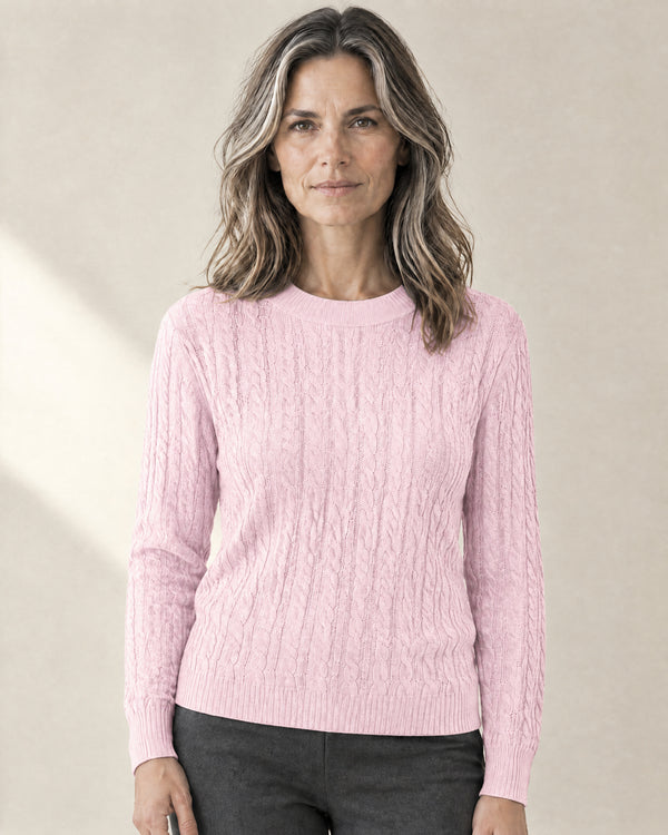 Cable Knit Crew Neck Jumper in Pink